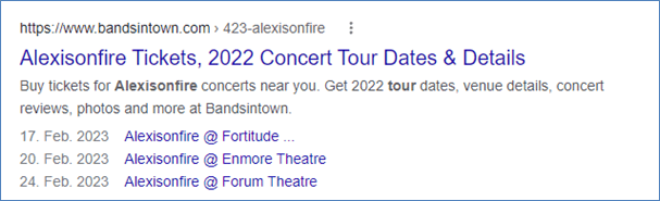 Beispiel eines Rich-Snippets, dass die Tourdaten einer Musikband in den organischen Suchergebnissen darstellt.