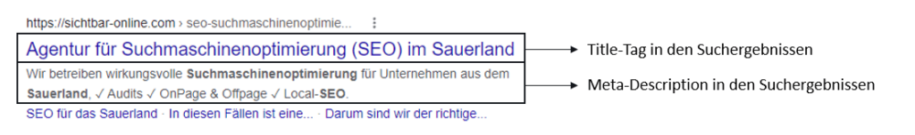 Darstellung des Title- und Description Meta-Tags in den Google Suchergebnissen am Beispiel der SICHTBAR SEO Agentur.