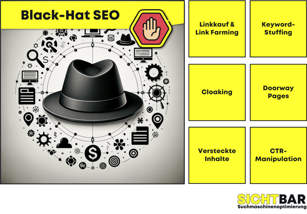 Black-Hat SEO Techniken zur SEO Manipulation: Linkkauf, Linkfarming, Keyword-Stuffing, Cloaking, Doorway Pages, Versteckte Inhalte, CTR-Manipulation