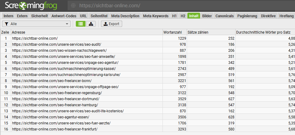 Webseitenanalyse mit Screaming Frog: Inhalt, Wortanzahl, Sätze zählen