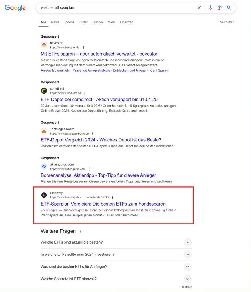 Google.de Rankings für den Suchbegriff "welcher ETF sparplan"